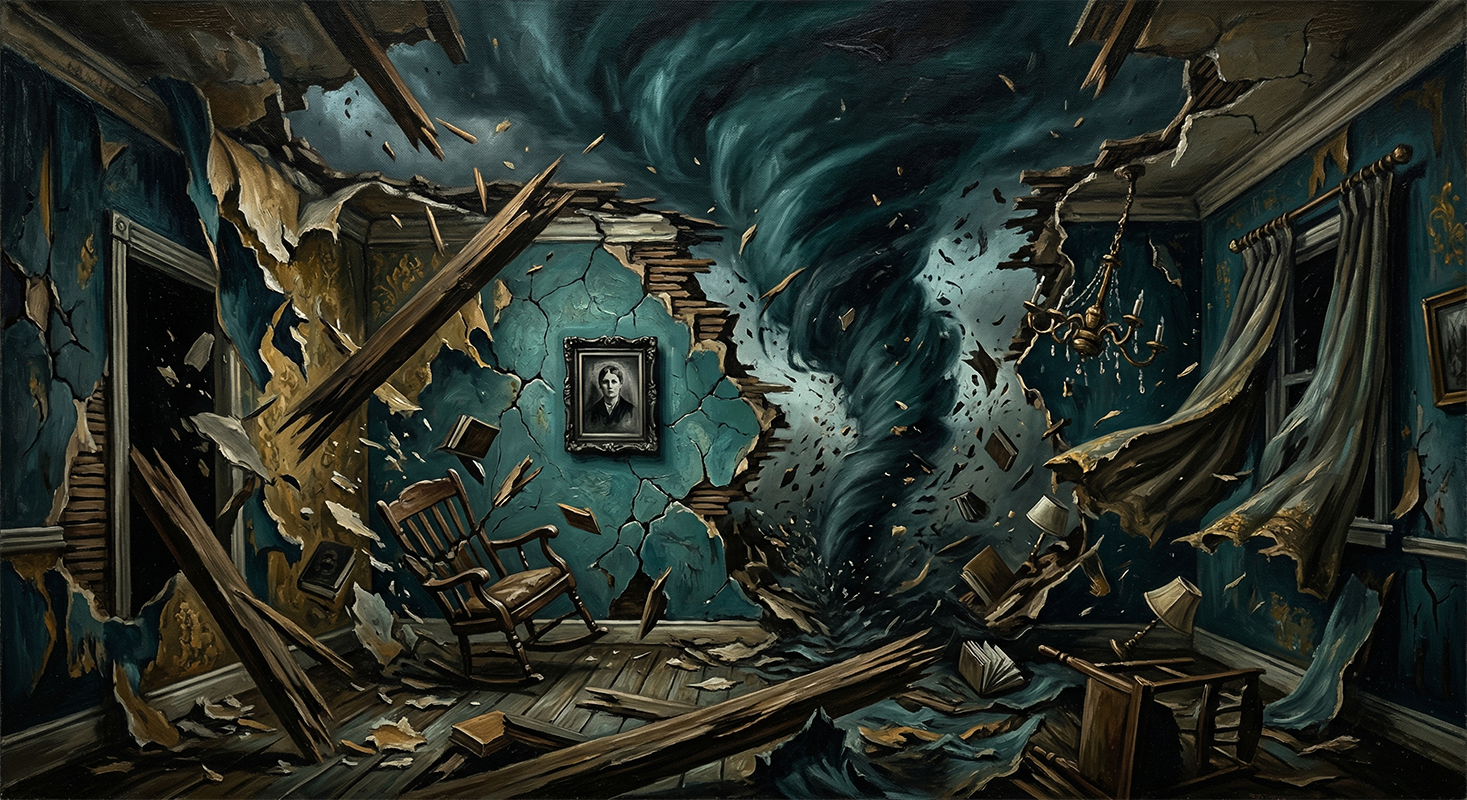 A tornado spirals through the interior of a home - raw emotional intensity made visible
