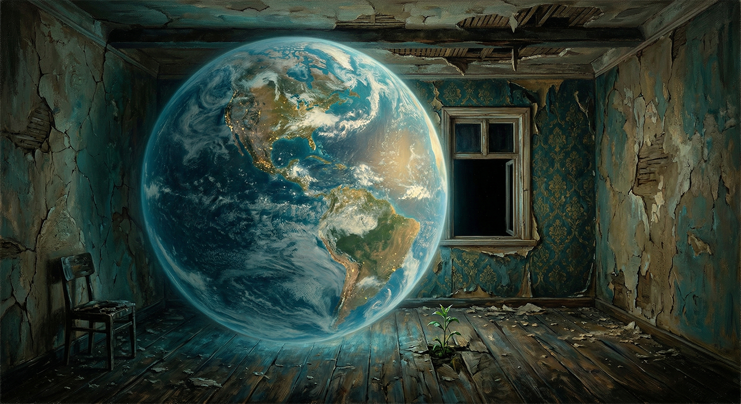 A luminous earth floats inside a crumbling interior - grounded and vast at once