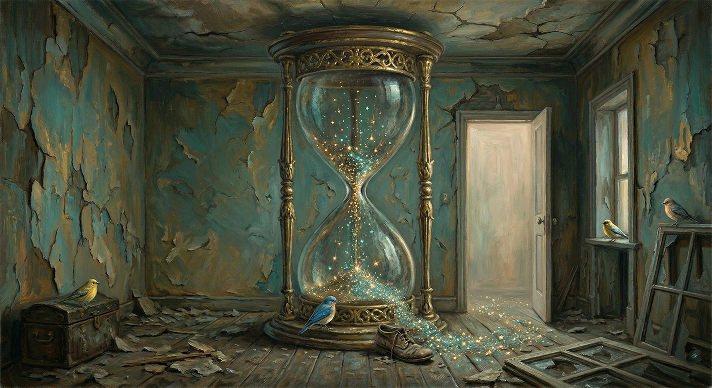 A giant hourglass stands inside a crumbling room - time held still, awareness made tangible