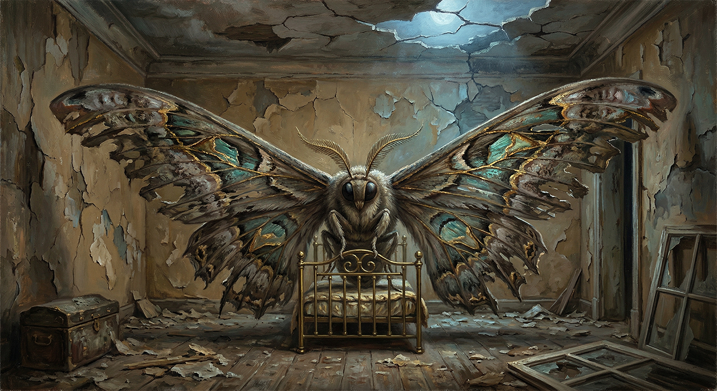 A moth rests inside a dimly lit, decaying room - fragile, eerie, and quietly alive