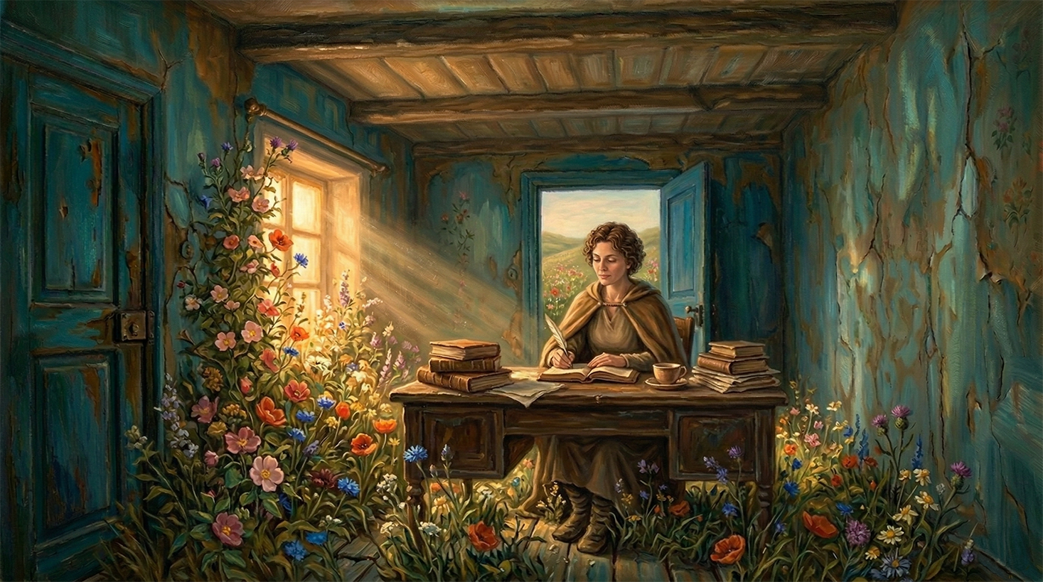 A woman works at her desk surrounded by flowers blooming inside a weathered, crumbling room