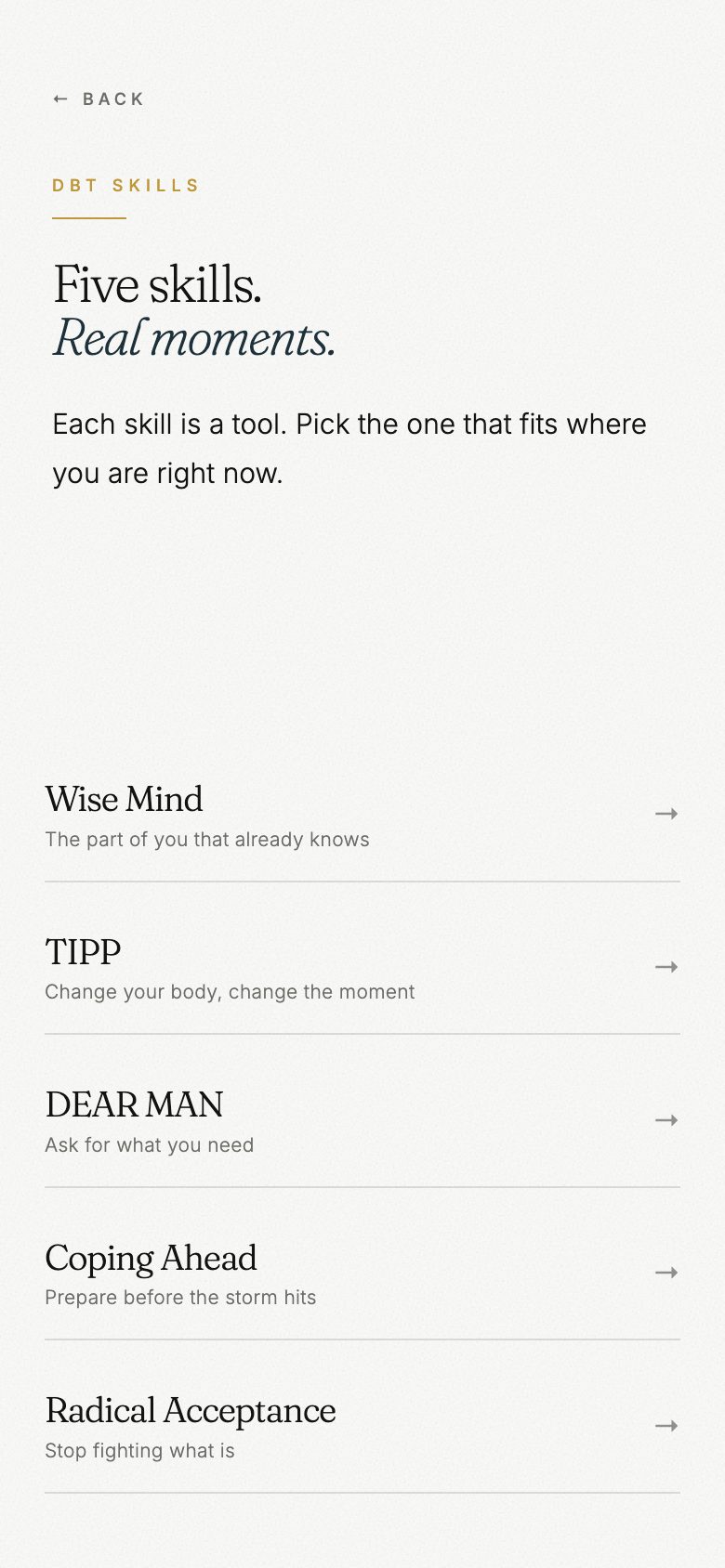 The DBT skills screen in the upsanddowns app