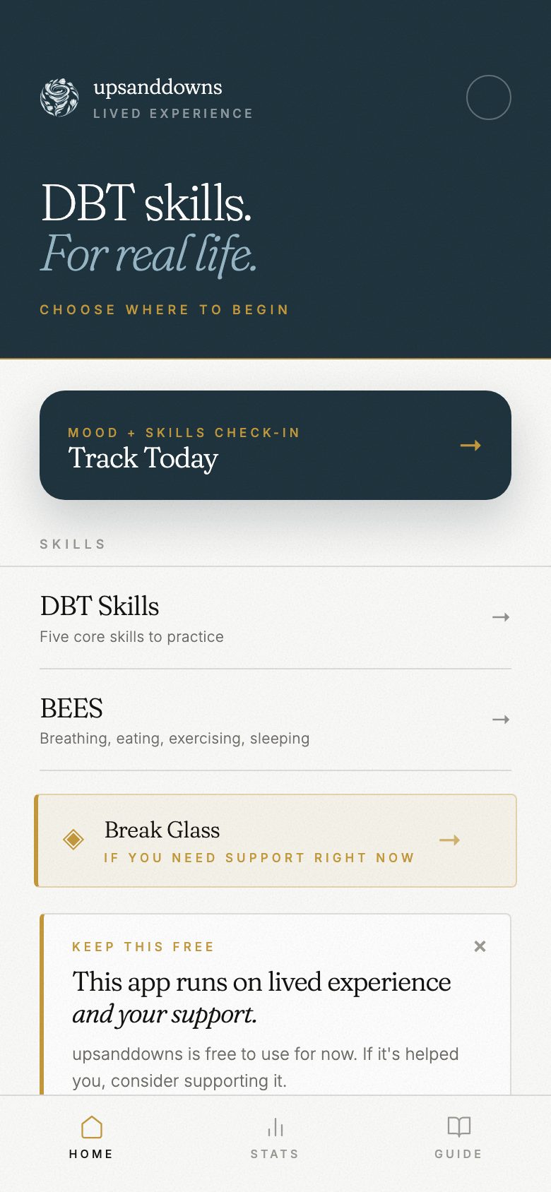 The upsanddowns app home screen: DBT skills for real life