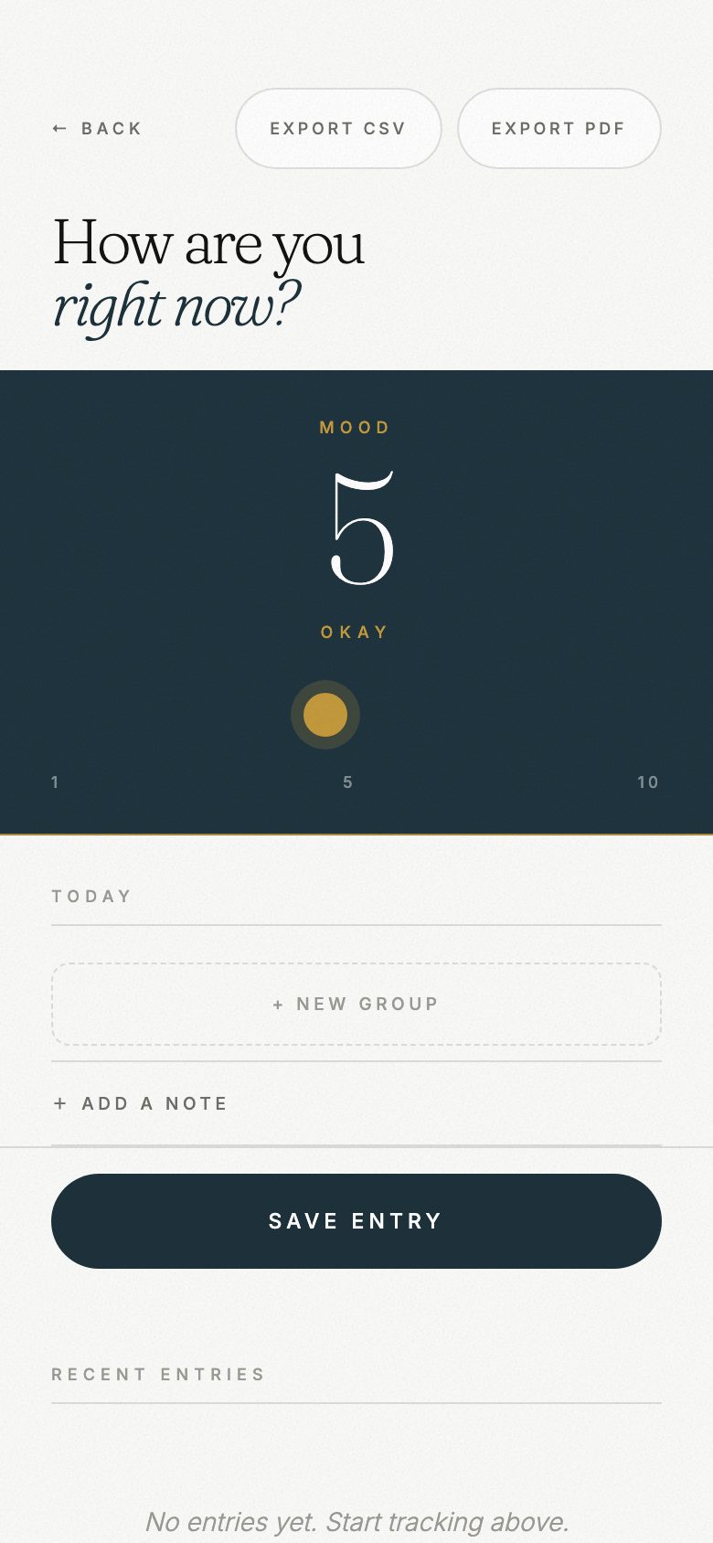The mood check-in screen in the upsanddowns app