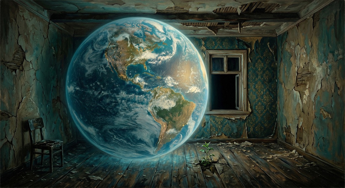 A luminous earth floats inside a crumbling interior
