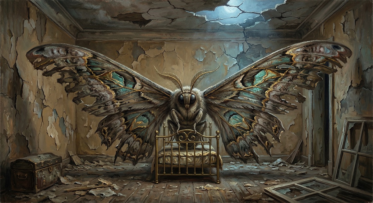 A moth rests inside a dimly lit, decaying room