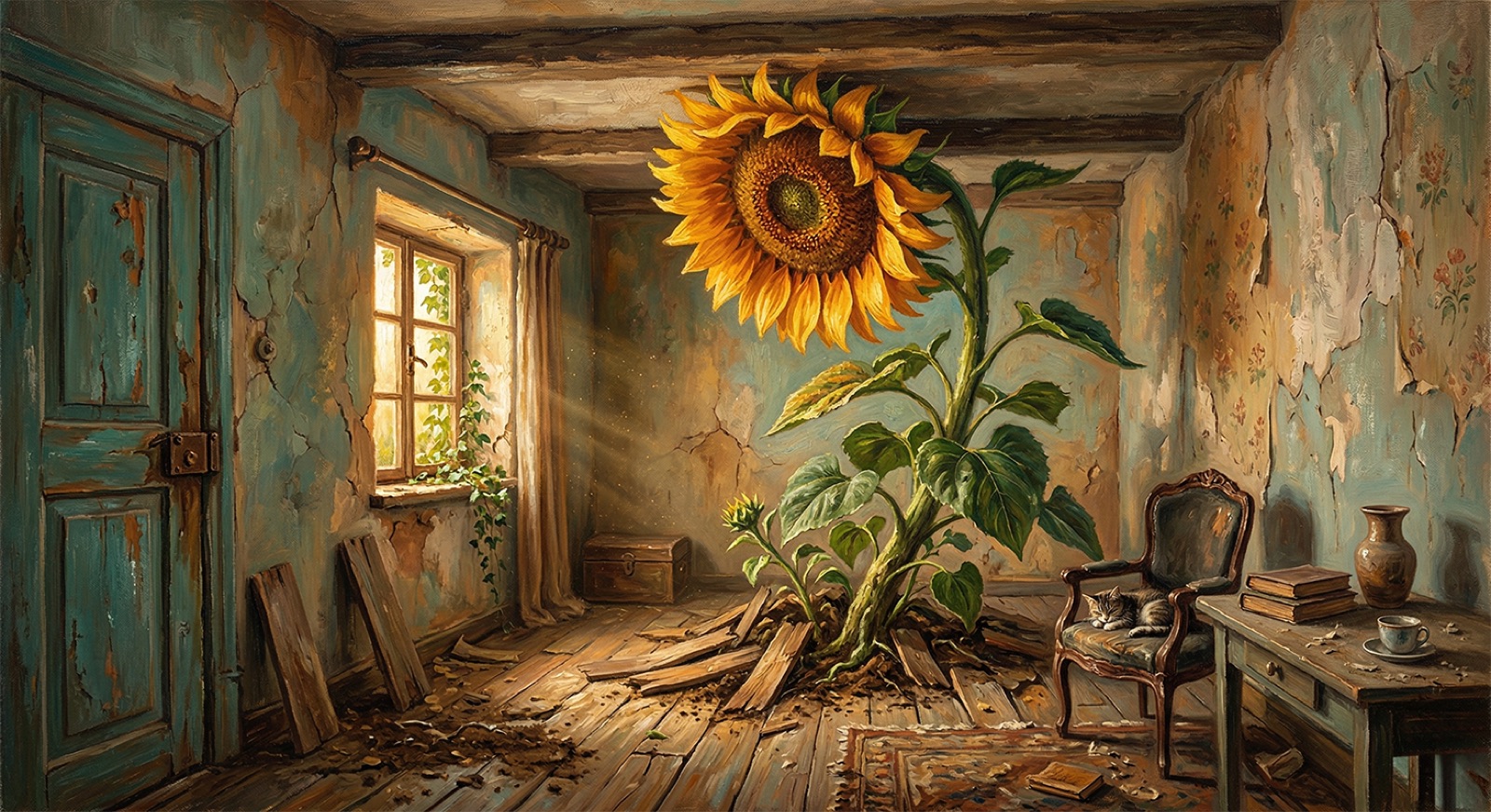 A sunflower growing through a wooden floor